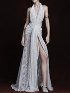 Fynderic Plunge Neck Lace Split Maxi Dress Flowering Girl