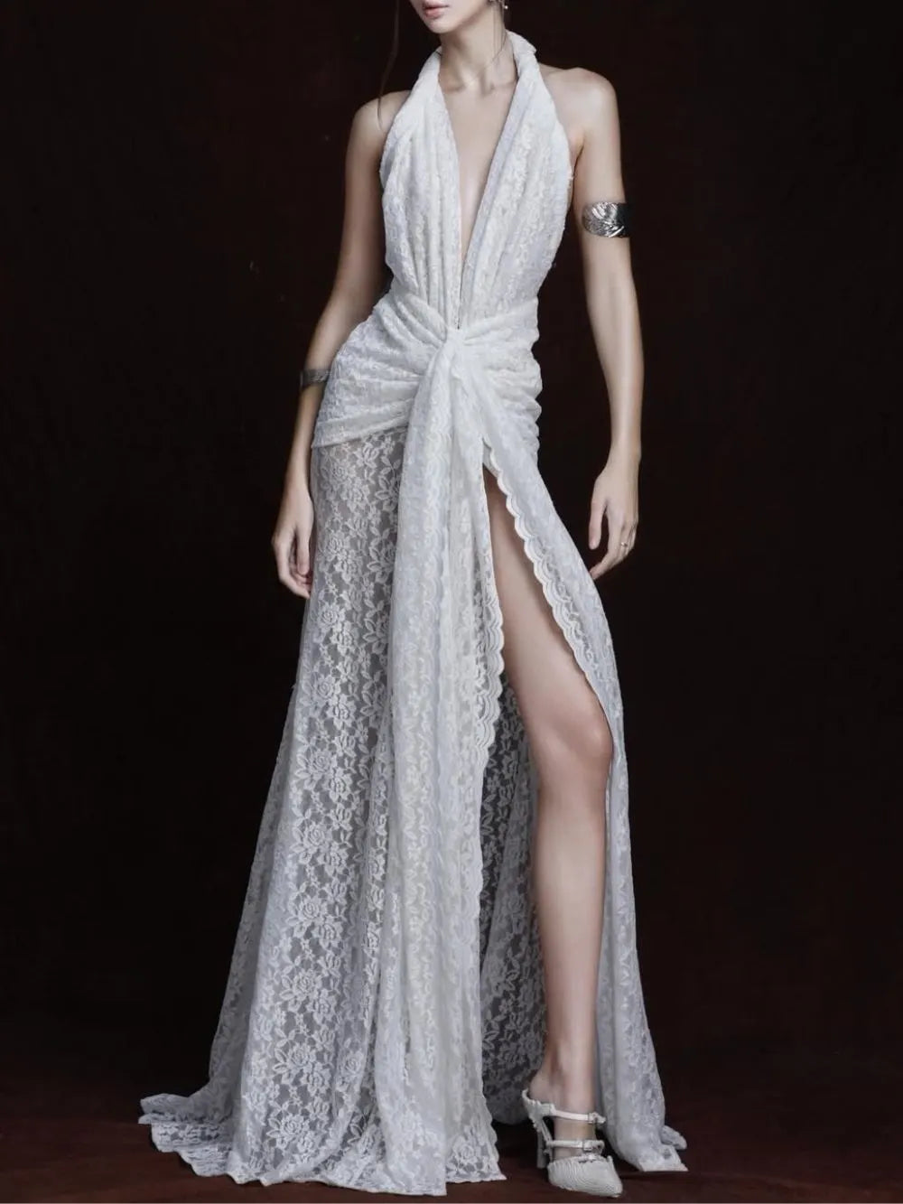 Fynderic Plunge Neck Lace Split Maxi Dress Flowering Girl