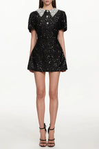 Dora Buttoned Contrast Collar Sequin Mini Dress In Black Flowering Girl