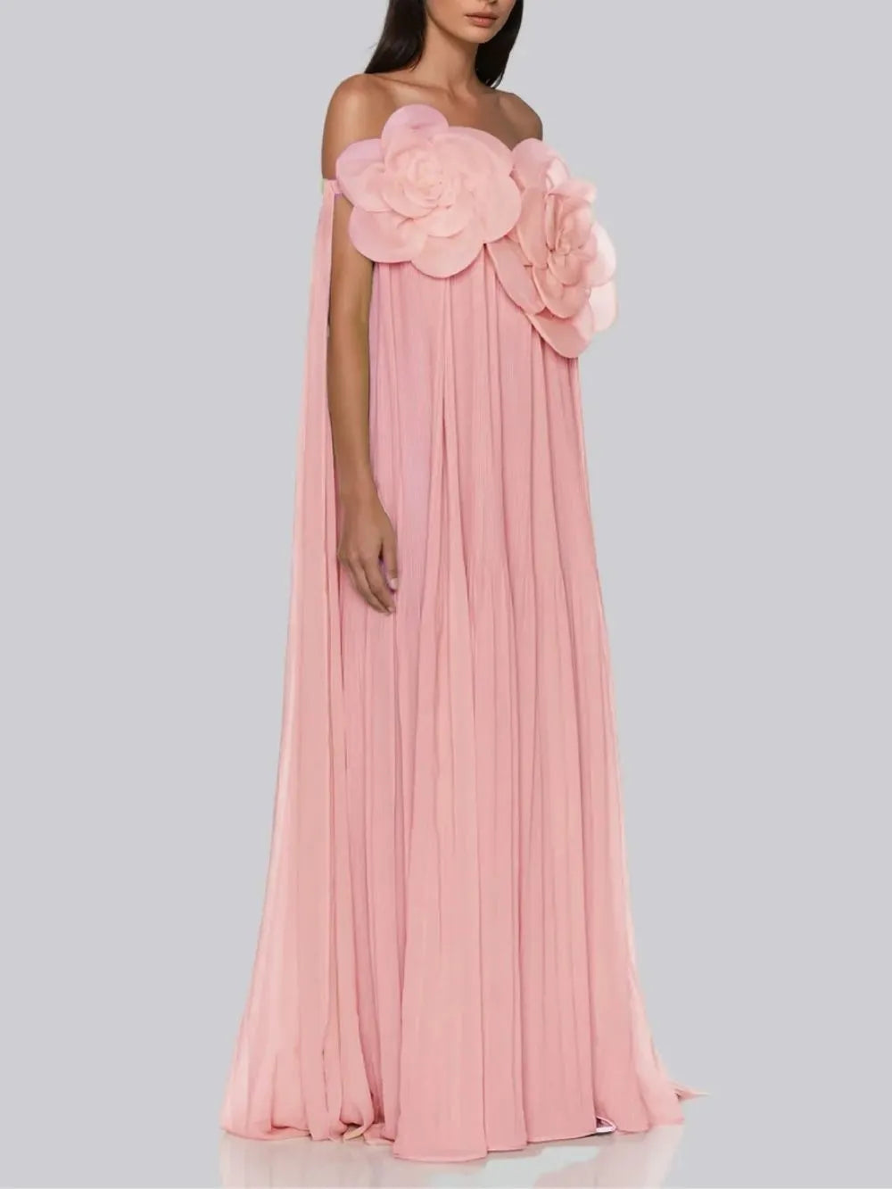 Grythalen Off Shoulder Flower Pleated Maxi Dress In Pink Flowering Girl