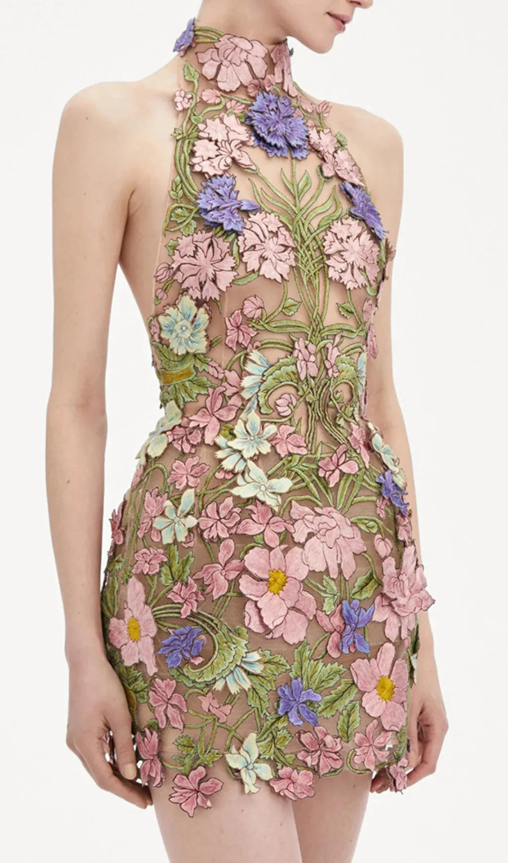 Dotty Halter Flower Embroidery Backless Mini Dress Flowering Girl