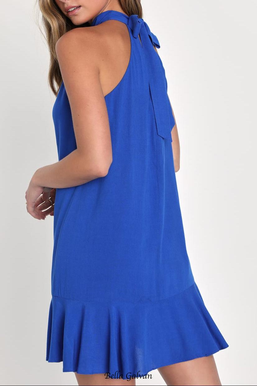 Shift Halter Mini Dress in Blue Flowering Girl