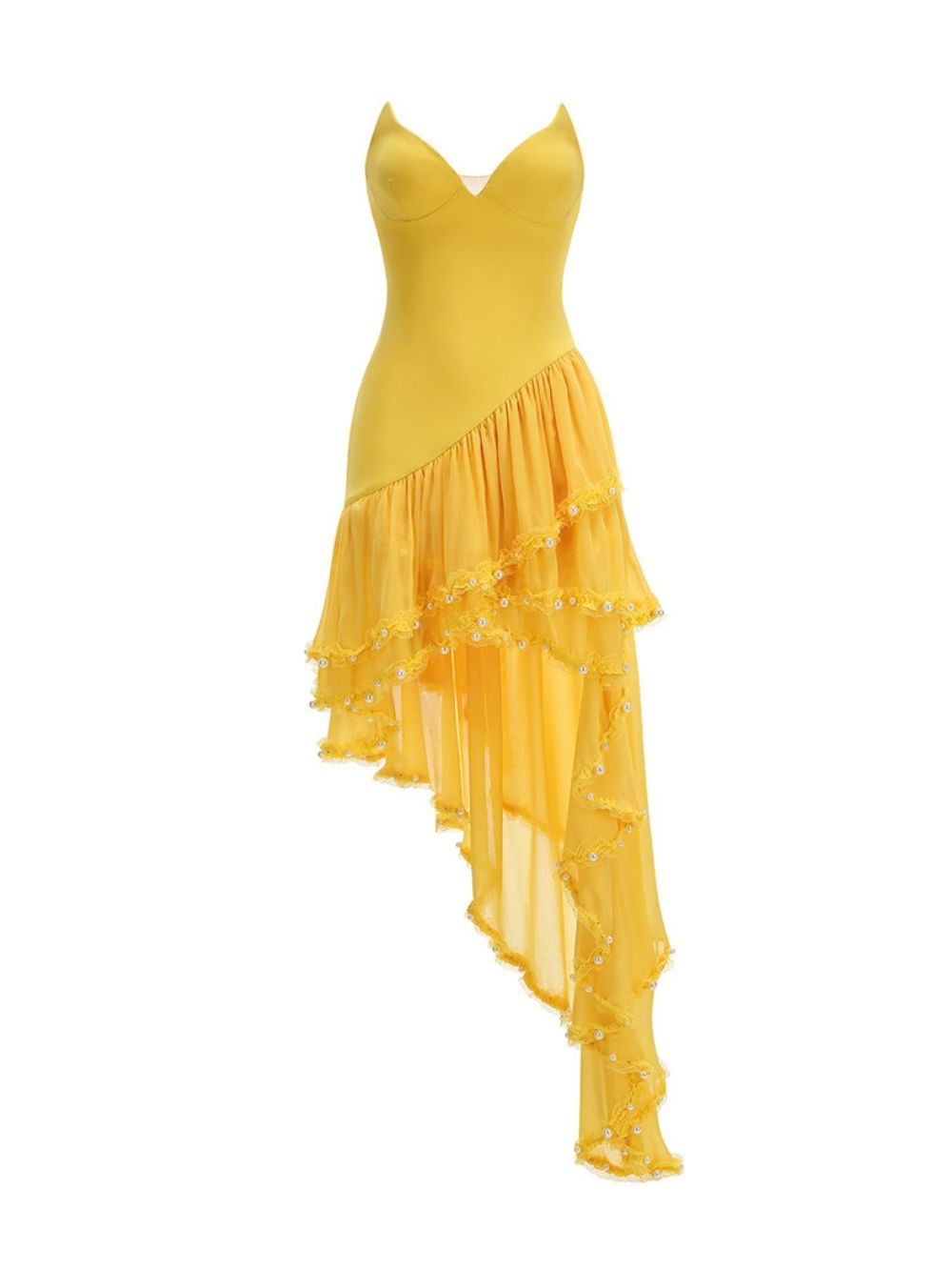 Strapless Embellished Ruffle Maxi Dress Yellow Flowering Girl