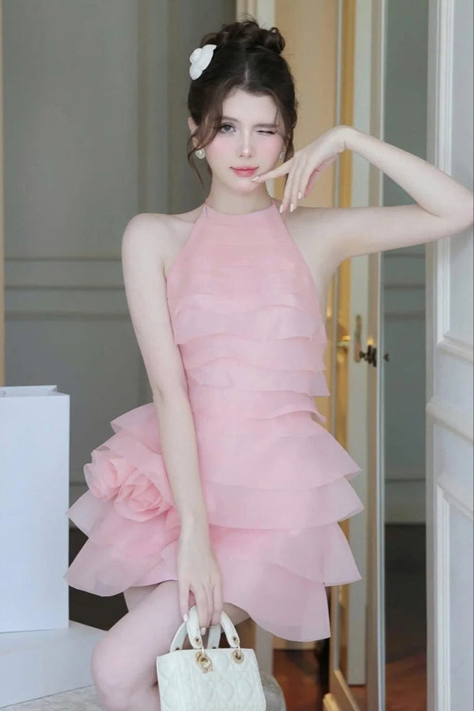 3d Flower Halter Ruffle Layer Mini Dress In Pink Flowering Girl