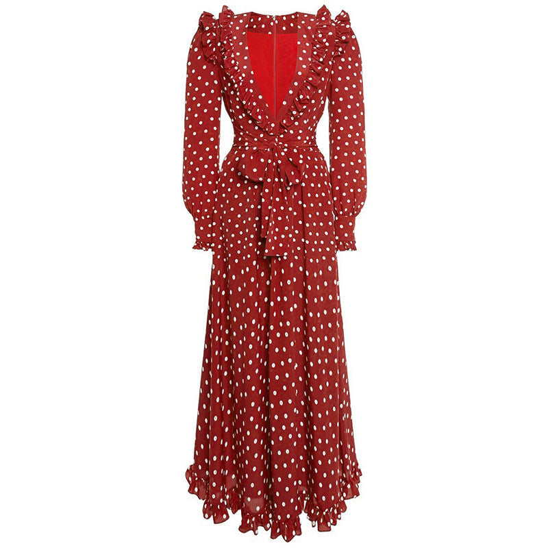 Red Long Sleeve Polka Dot Midi Dress Flowering Girl