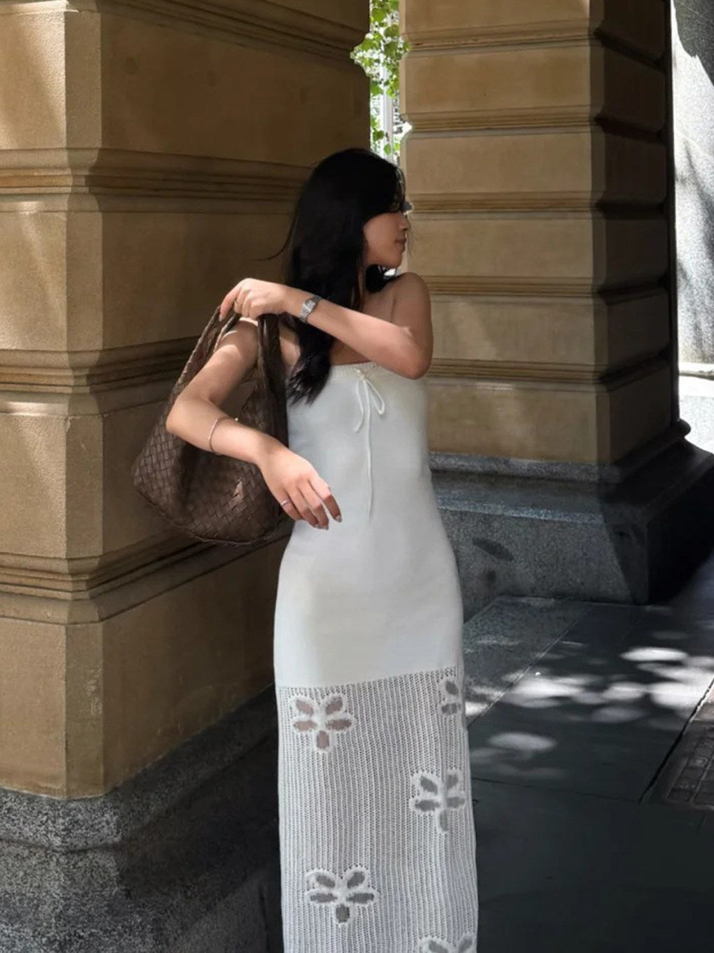 White Strapless Knit Maxi Dress With Butterfly Crochet Hem Flowering Girl