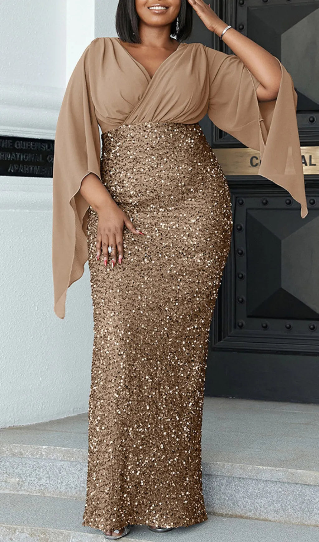 Bayarma Gold Sequin V-Neck Plus Size Maxi Dress Flowering Girl
