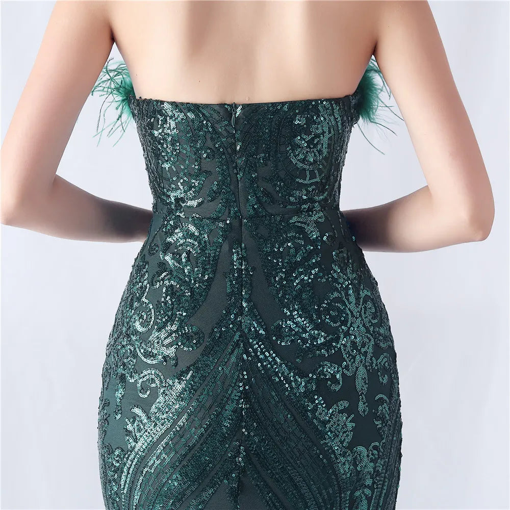 Choire Green Sequin Feather Maxi Dress Flowering Girl