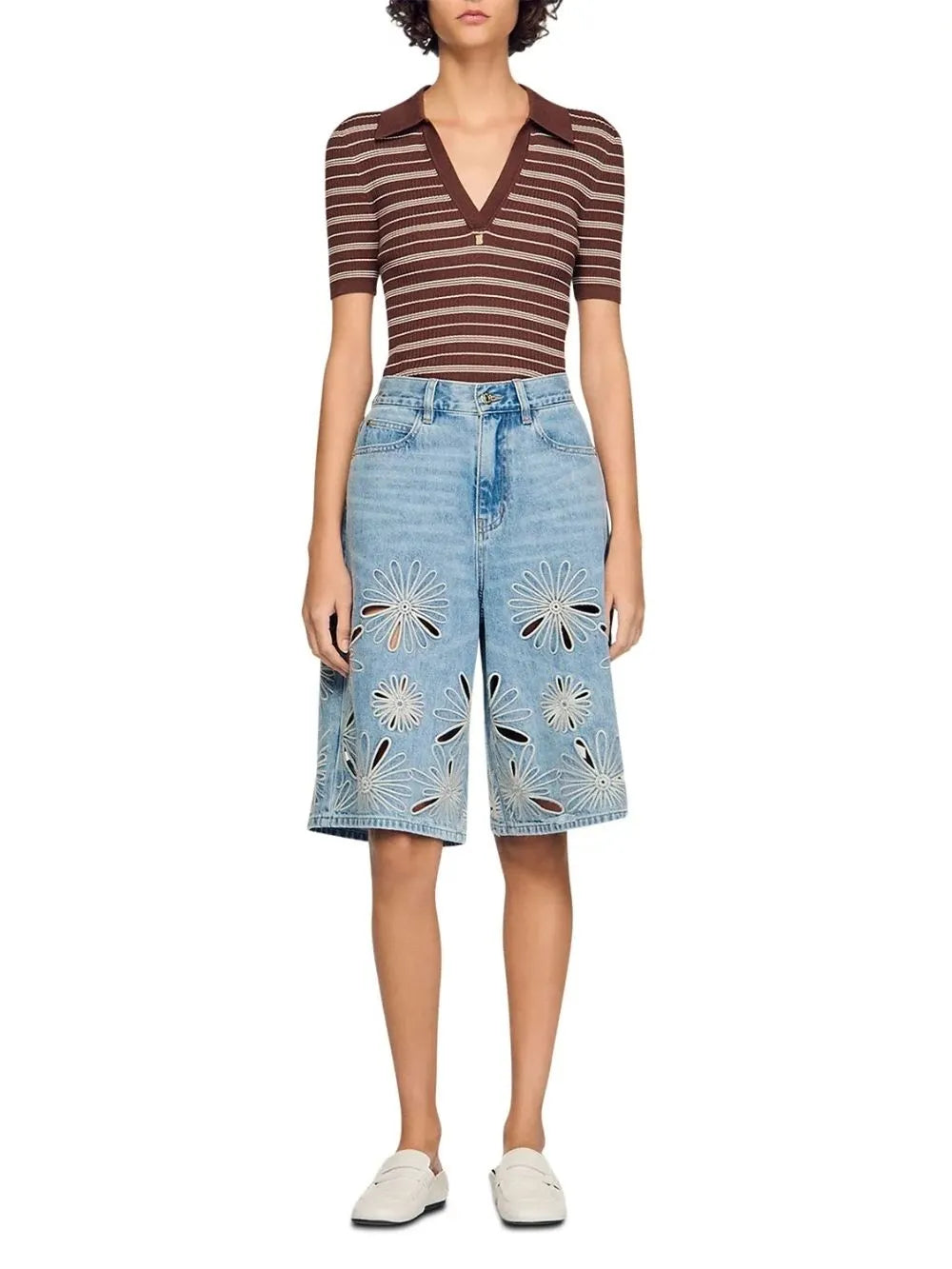 Embroidered Denim Bermuda Shorts in Blue Jean Flowering Girl