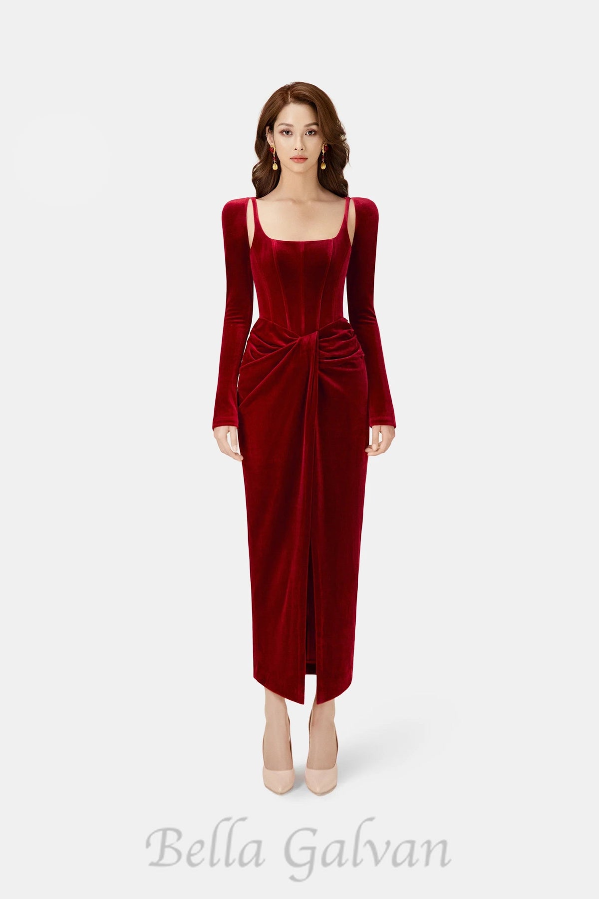 Bordeaux Velvet Draped midi Dress Flowering Girl