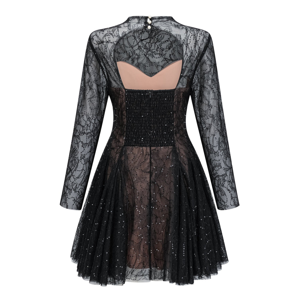 Black Sheer Lace High Neck Long Sleeve Tulle Mini Dress Flowering Girl