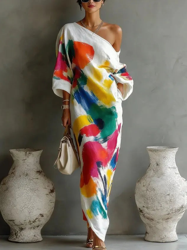 One-Shoulder Abstract Print Maxi Dress Flowering Girl