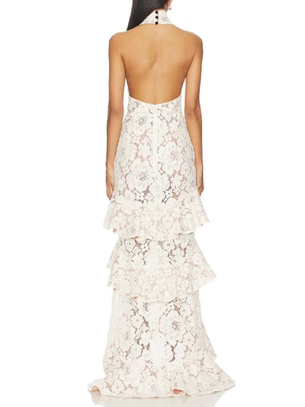 Masha White Halter Lace Layered Maxi Dress Flowering Girl