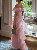 Off Shoulder Ruffled Layer Chiffon Maxi Evening Dress Flowering Girl