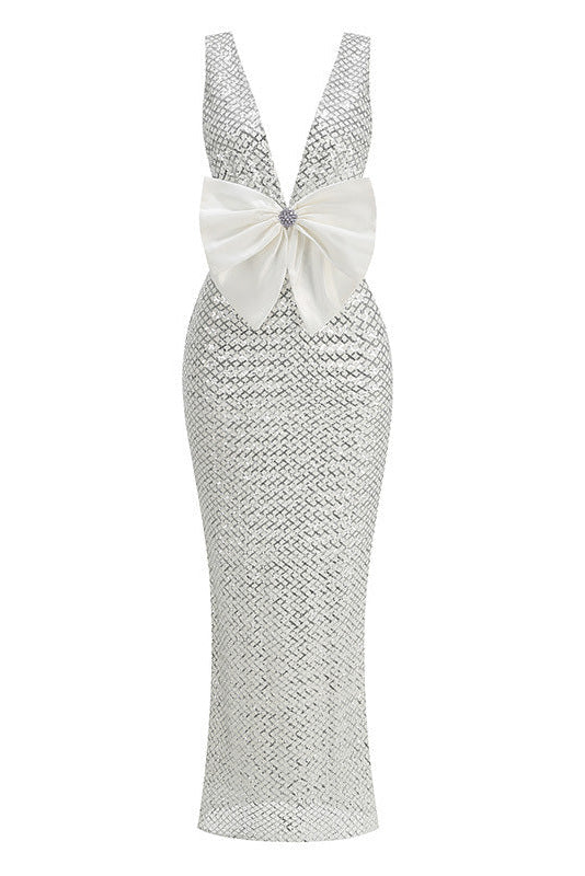 Rebecca Bow Sequin Embellished v Neck Maxi Dress In Silver Flowering Girl