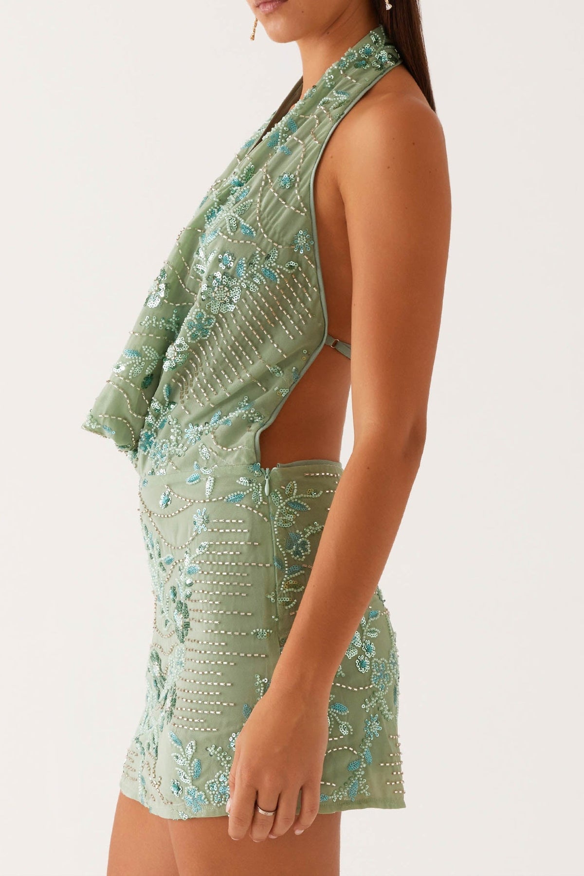 Cowl Neck Beaded Mini Dress In Mint Flowering Girl