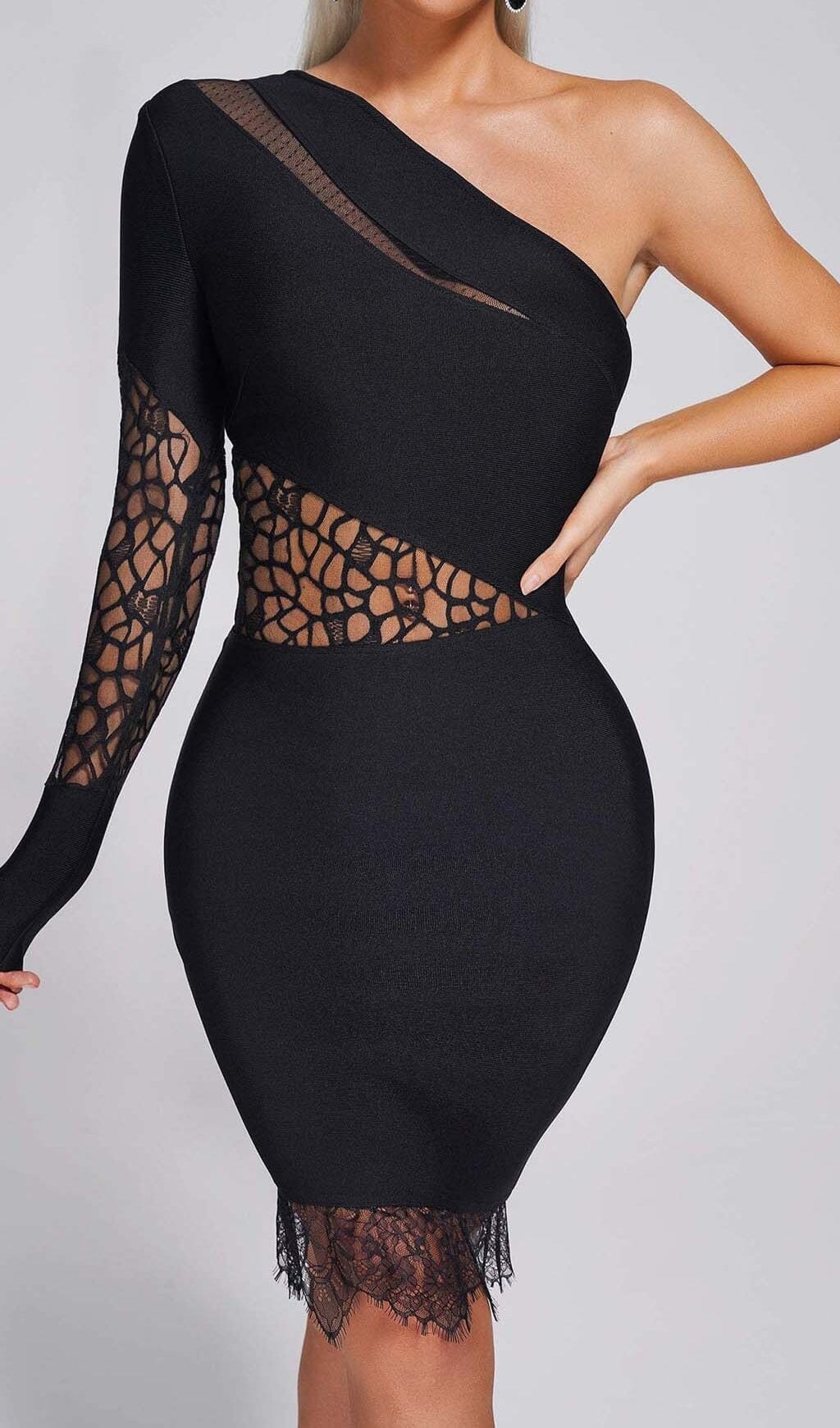 One Shoulder Insert Lace Midi Dress In Black Flowering Girl