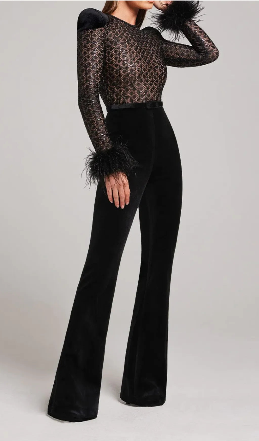 Aysel Black Feather Sequin Jumpsuit