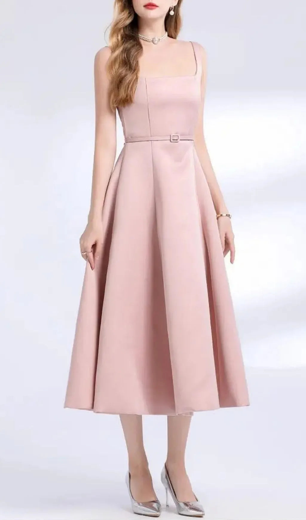 Amelia Square Neck Satin Slip Midi Dress - Pink Flowering Girl
