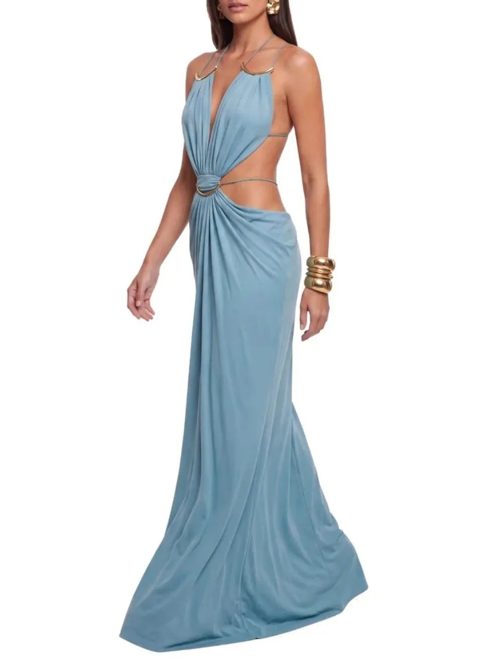 Lorysa Backless Cutout Maxi Dress In Blue Flowering Girl