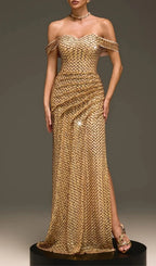 Glein Off Shoulder Sequin Split Maxi Dress Flowering Girl