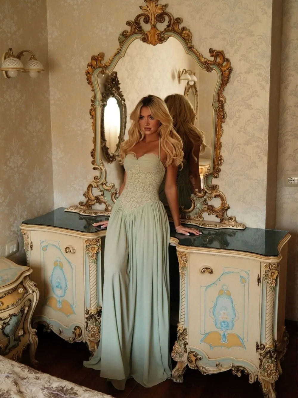 Masaaki Mint Halter Lace Maxi Dress Flowering Girl