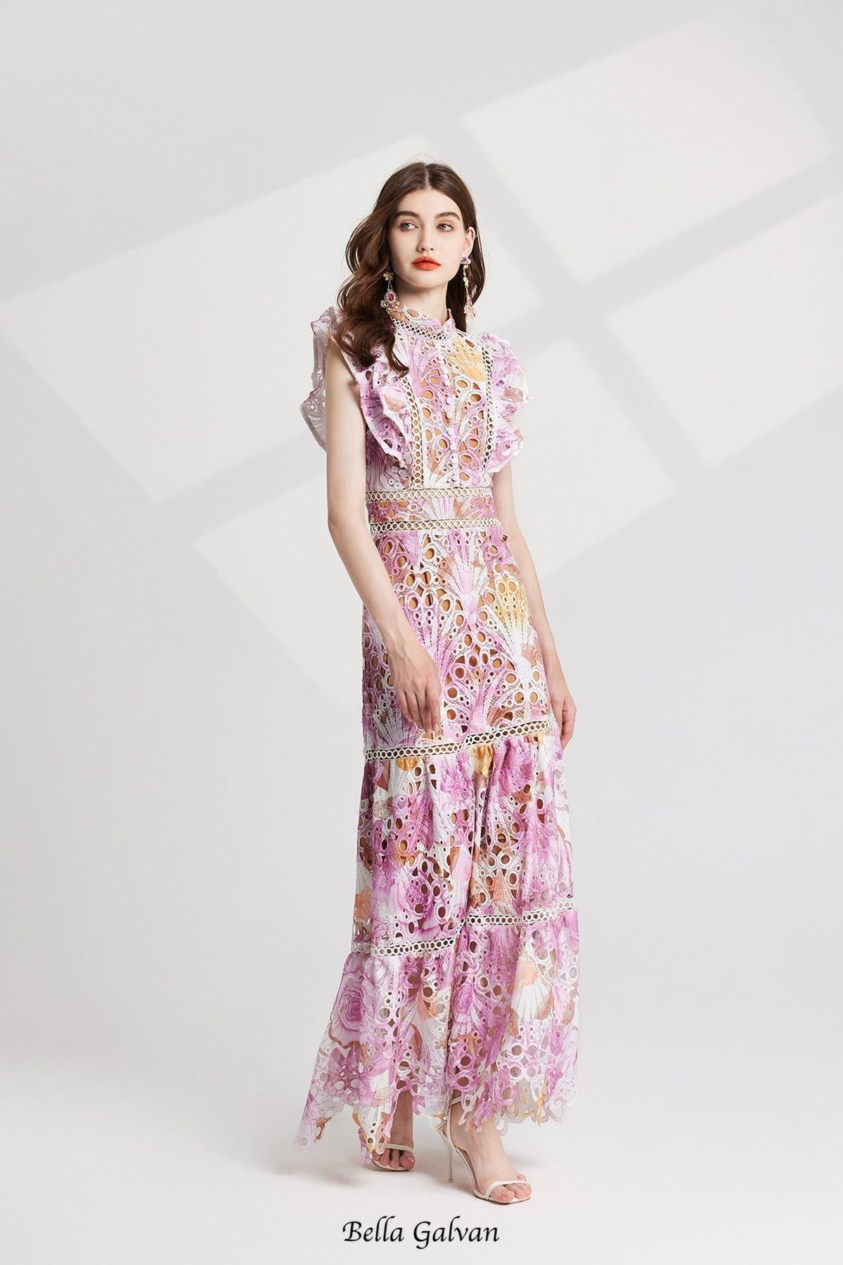 chloe hollow out flower embroidery maxi dress in pink purple Flowering Girl