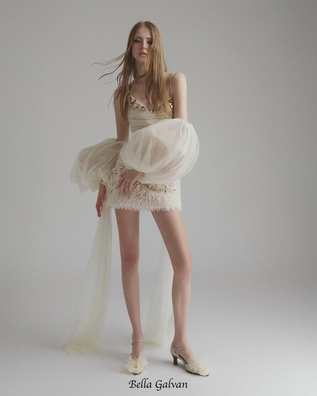 Sequined embellished organza mini dress in white Flowering Girl