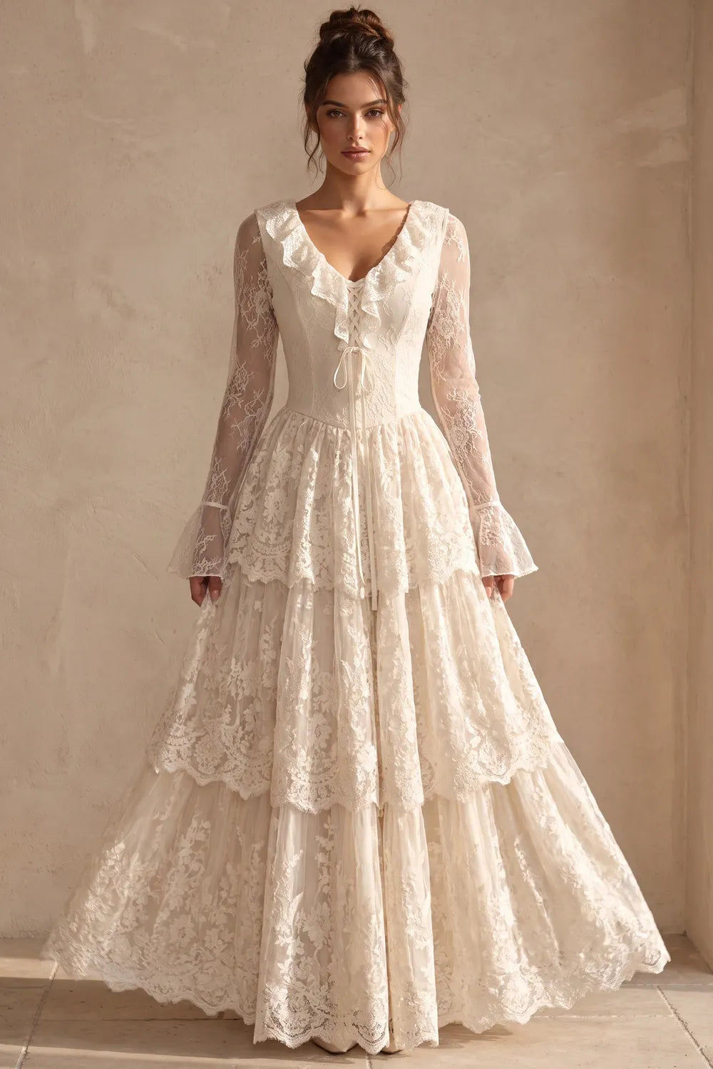 Cream Floral Lace Tiered Maxi Dress with Lace-Up Bodice Flowering Girl