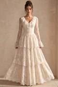 Cream Floral Lace Tiered Maxi Dress with Lace-Up Bodice Flowering Girl