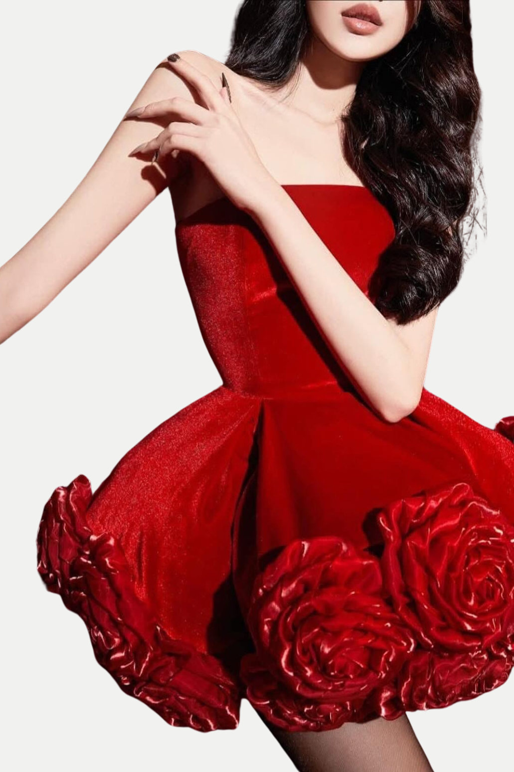 Sebast Flower Strapless Velvet Mini Dress in Red Flowering Girl