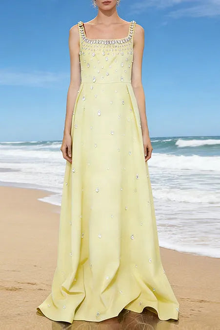 Yellow Beaded Diamond Sleeveless Vest Dress Flowering Girl