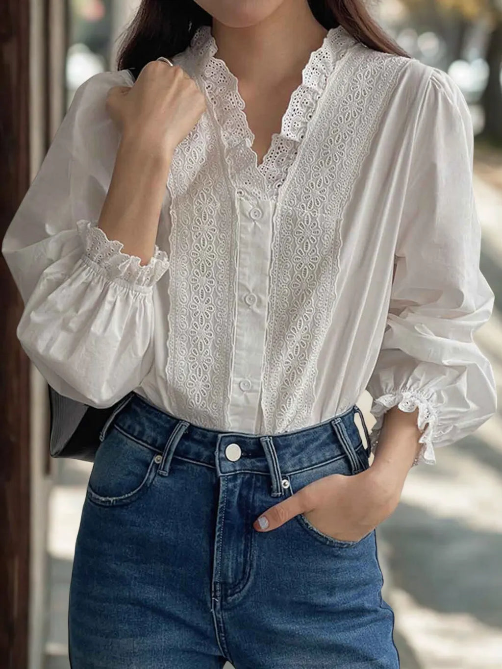 Olive Retro V-Neck Crocheted Lace Trim Top Flowering Girl