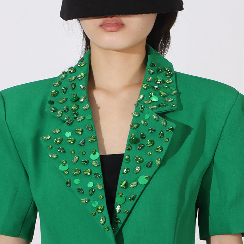 Green Flower Embellished Blazer With Wide-Leg Trousers Set Flowering Girl