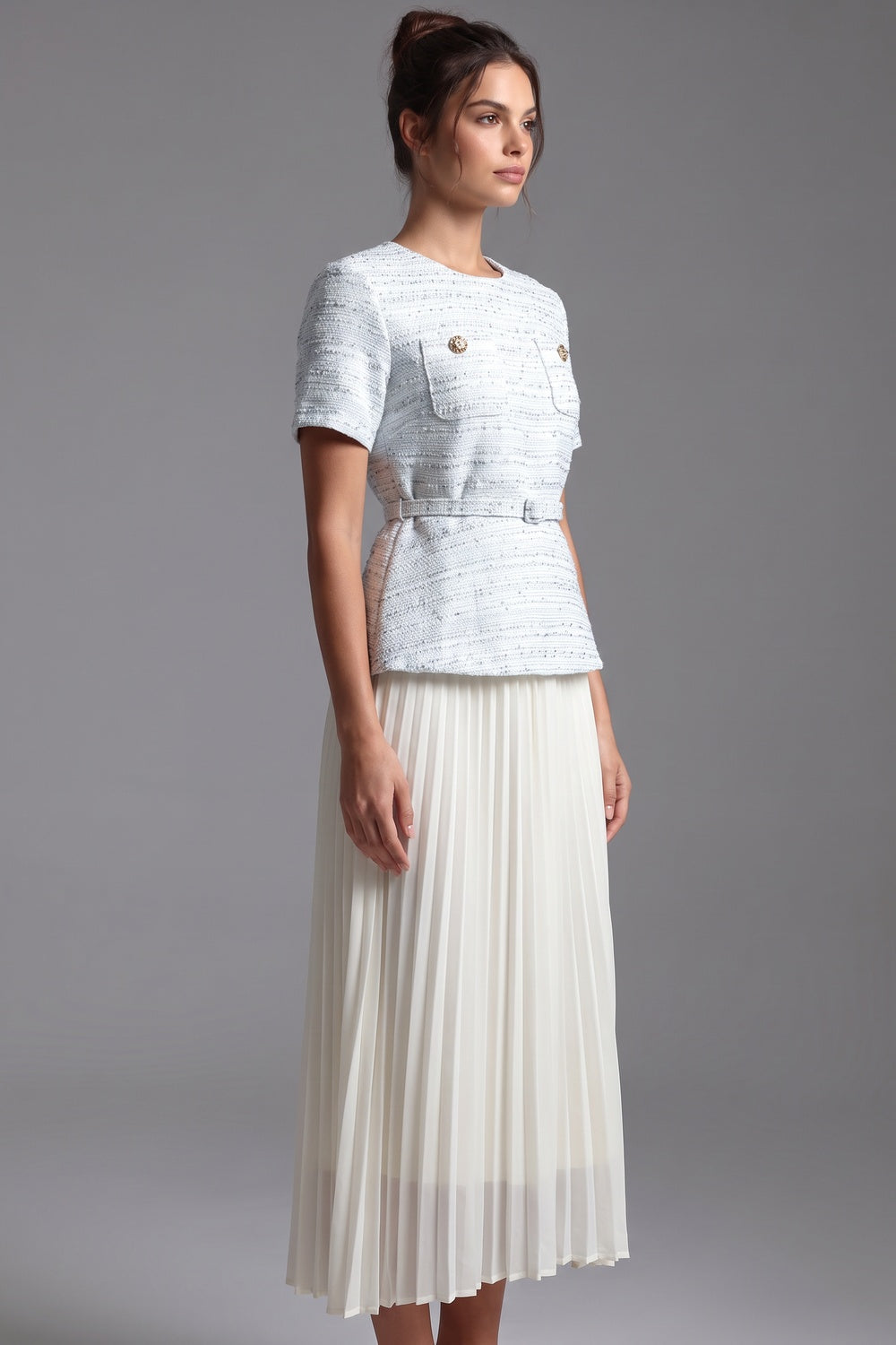Light Blue Tweed Peplum Top with Pleated Midi Skirt Two-Piece Set Flowering Girl