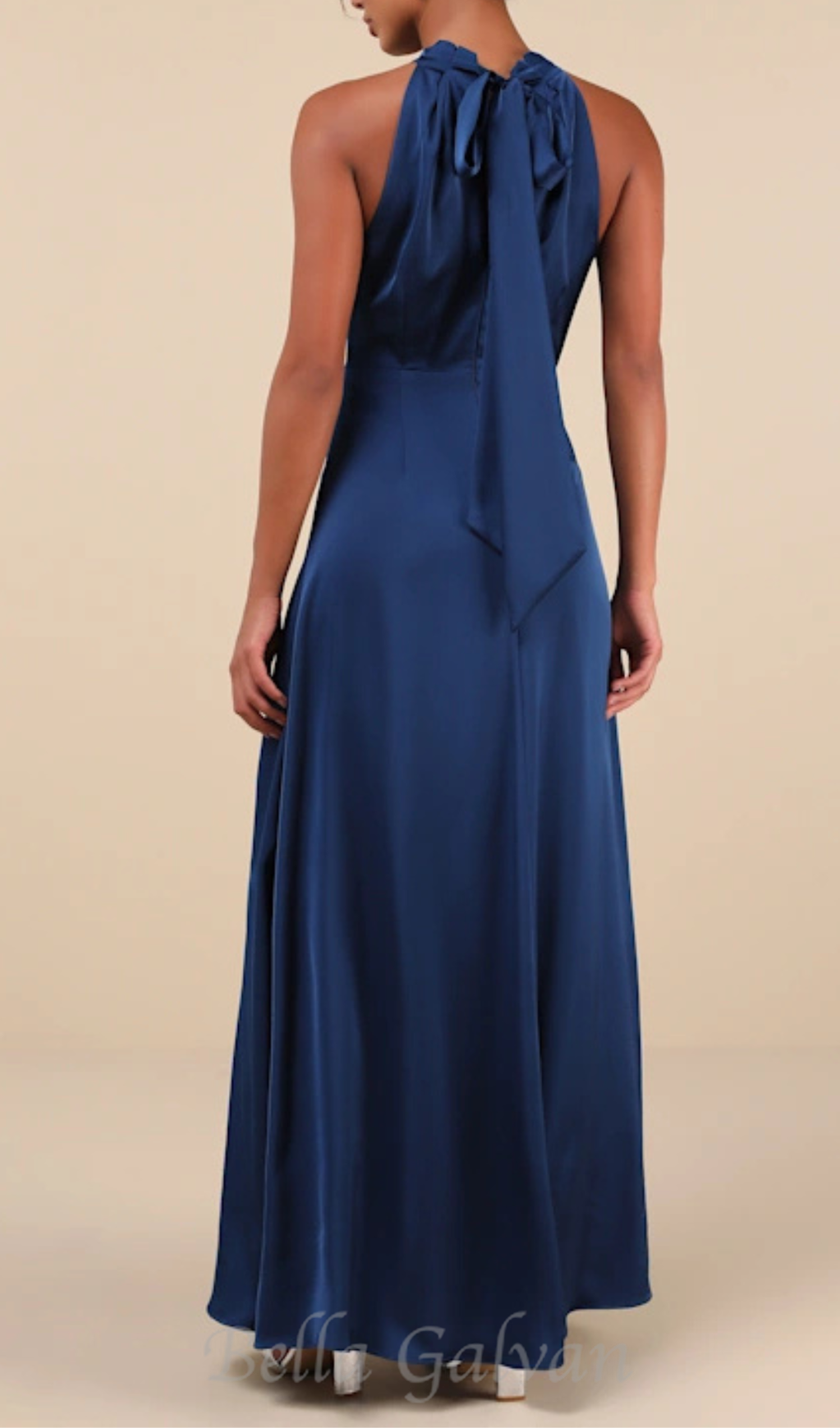 Blue Satin Pleated Mock Neck Maxi Dress Flowering Girl
