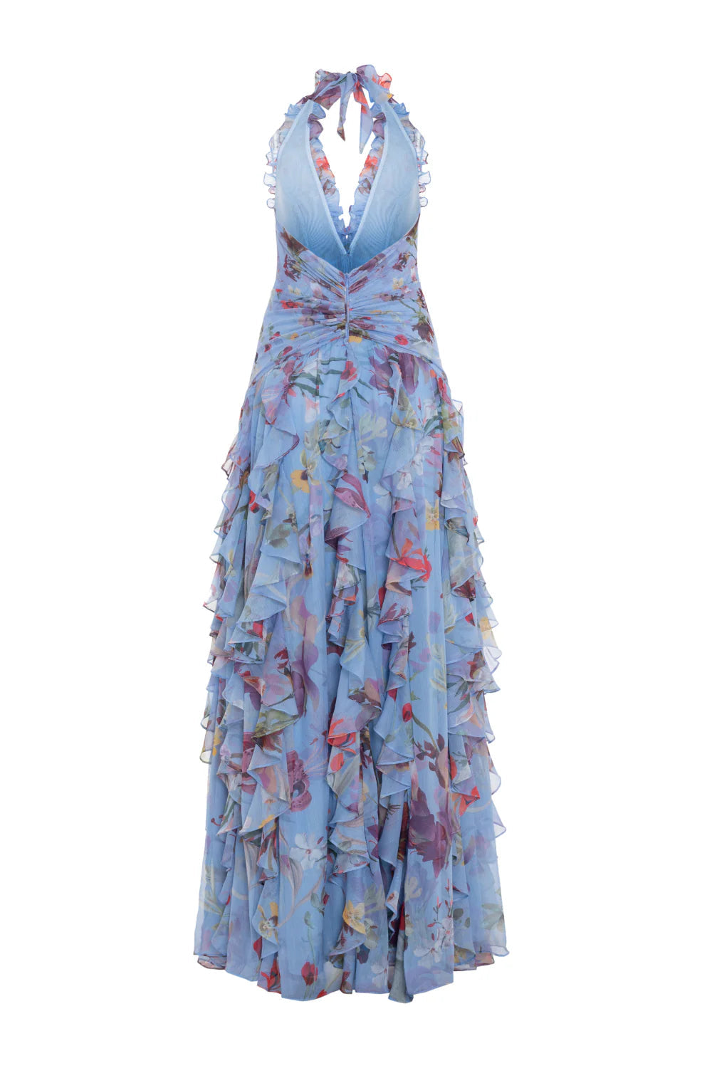 Floral Halter Ruffle Tulle Maxi Dress In Blue Flowering Girl