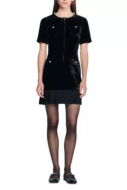 Riva Pleated Trim Patchwork Velvet Mini Dress In Black Flowering Girl