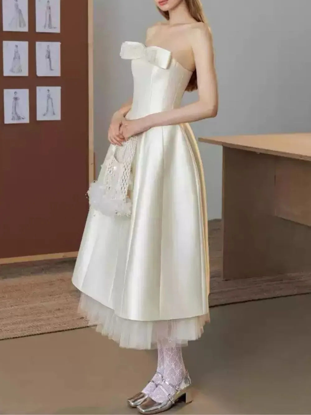 Makalia White Strapless Bow Midi Dress Flowering Girl