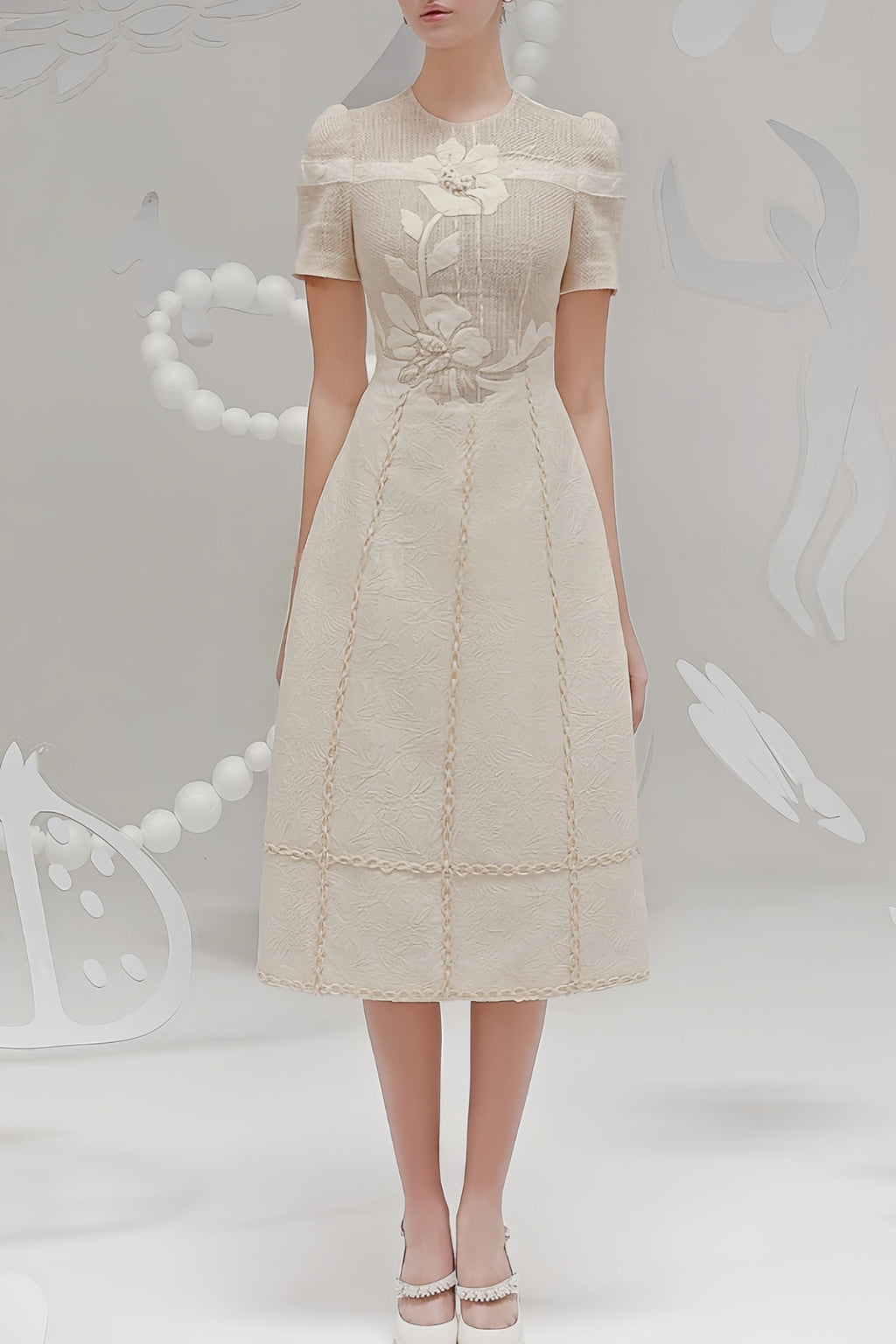 Hermosa 3d Floral Embroidered Hollow Midi Dress In Apricot Flowering Girl