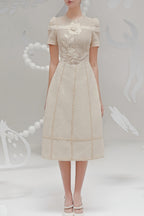 Hermosa 3d Floral Embroidered Hollow Midi Dress In Apricot Flowering Girl