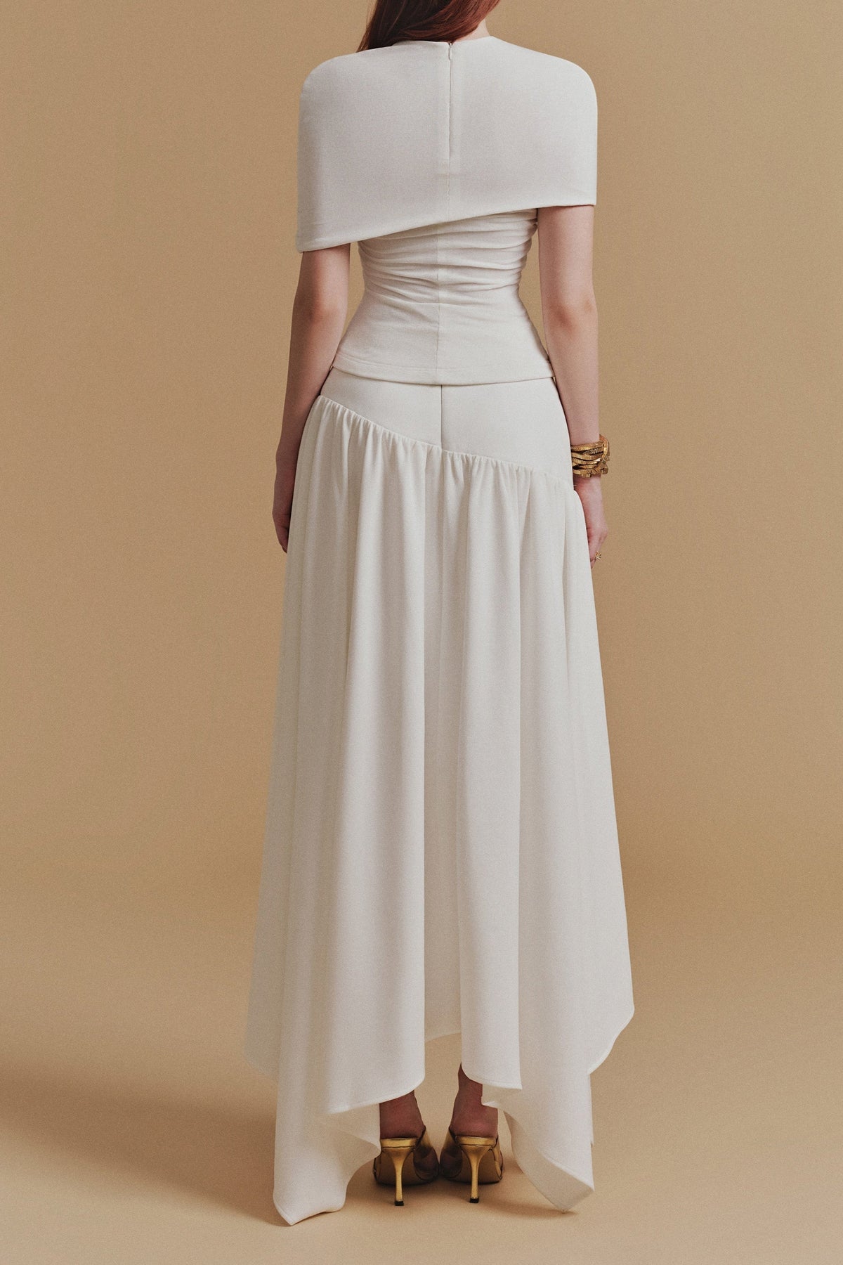 Cassia Asymmetrical Ruched Top Midi Skirt Set In White Flowering Girl