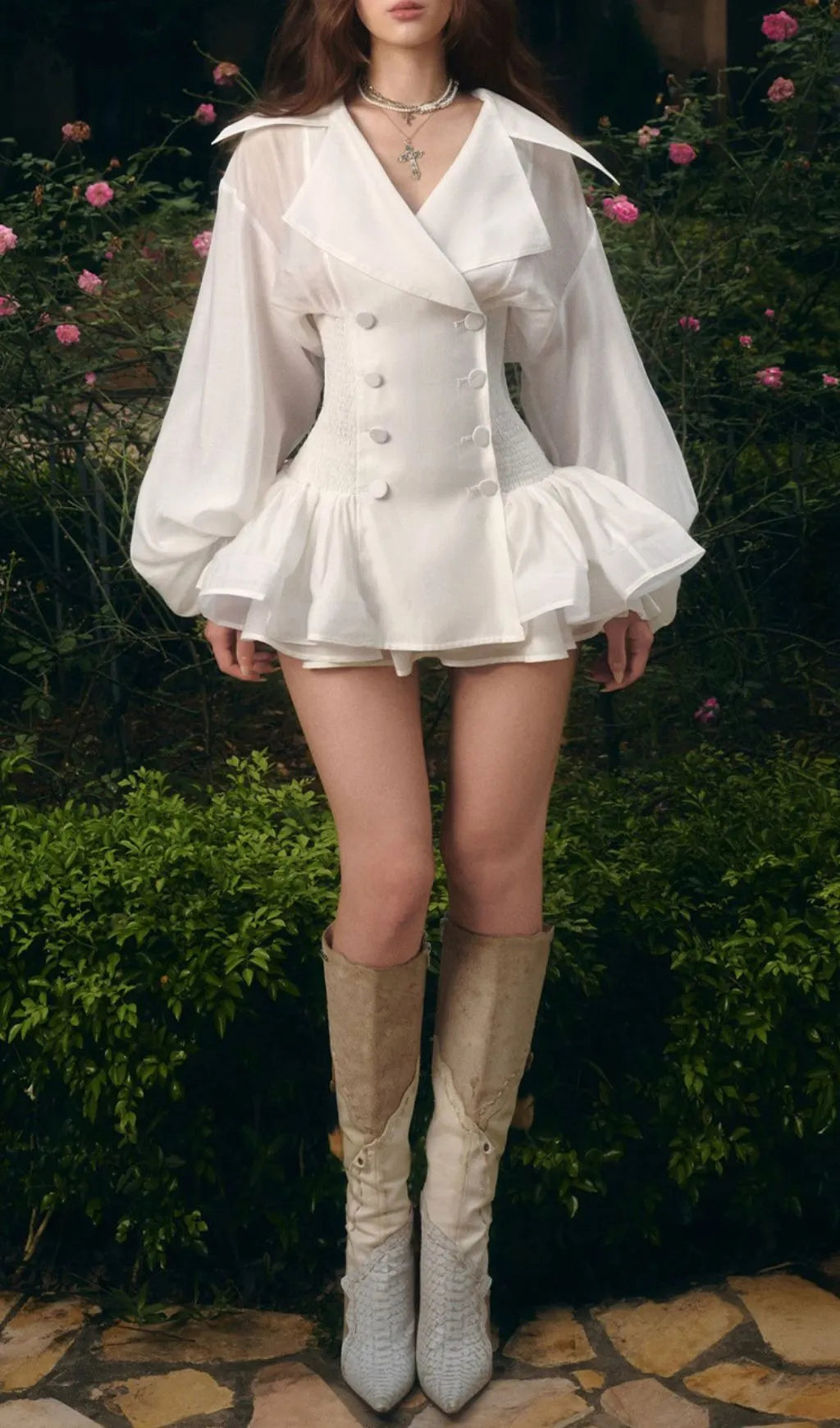 Igoné White Puff Sleeve Mini Dress Flowering Girl