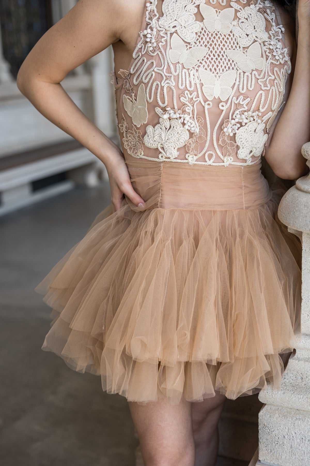 Ballerina | Beige Tulle Mini Dress With 3D Applique Flowering Girl