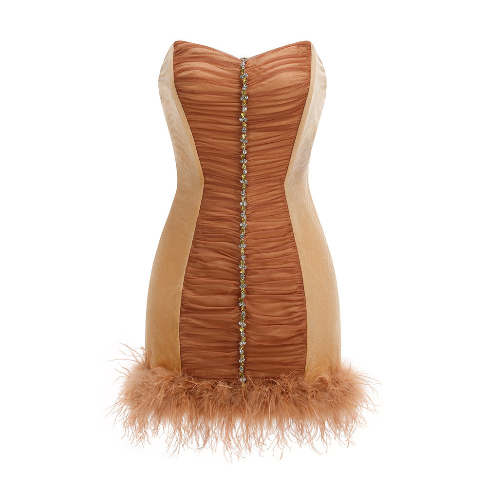 Anna Rhinestone Embellished Feather Strapless Mini Dress In Pale Brown Flowering Girl