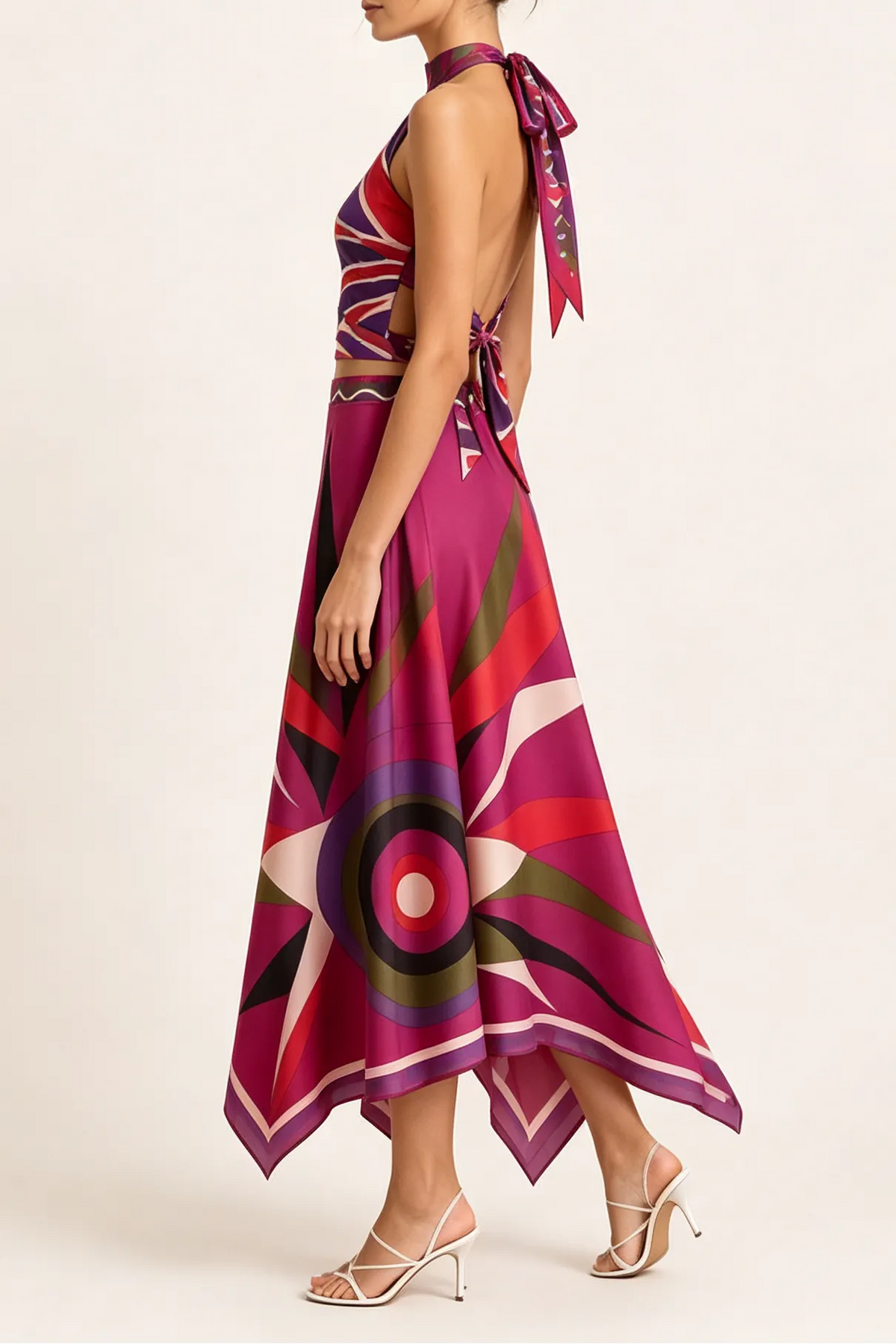 Halter Geo Print Satin Crop Top & Asymmetric Midi Skirt Co-ord Set Flowering Girl