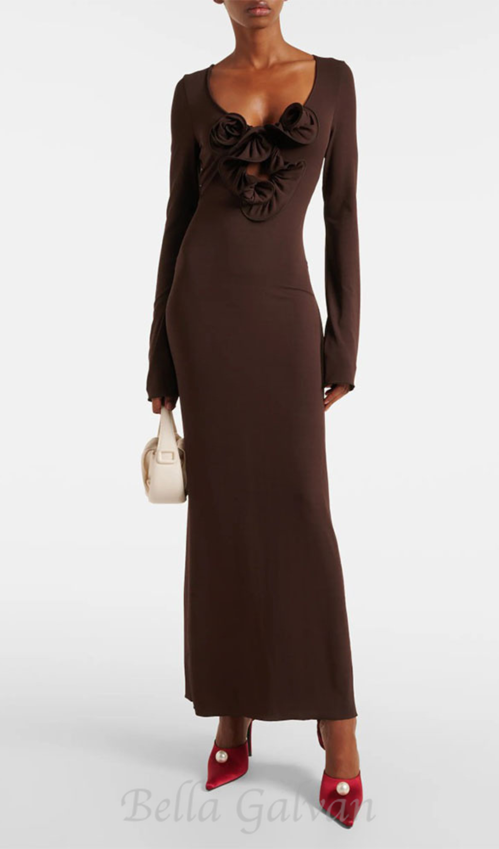 Floral-appliqué jersey maxi dress in brown Flowering Girl