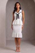 White Hollow Knit V-Neck Bow Peplum Vest Mermaid Skirt Two-Piece Set Flowering Girl
