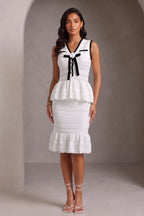 White Hollow Knit V-Neck Bow Peplum Vest Mermaid Skirt Two-Piece Set Flowering Girl