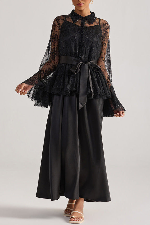 Tiffany Black Lace Bell-Sleeve Ruffle Embroidered Top Maxi Dress Set Flowering Girl